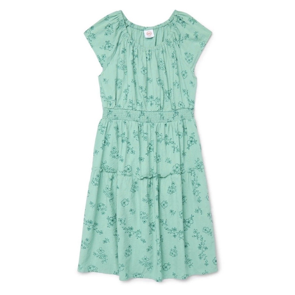 Wonder Nation Girls Smocked Waist Dress Floral Aqua Rainforest XXL 18 NWT